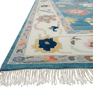 Wool Floral Azure Blossom Oushak Hand Knotted Eco-Friendly Traditional Low Pile Rug 5' X 8' - Product Image 1