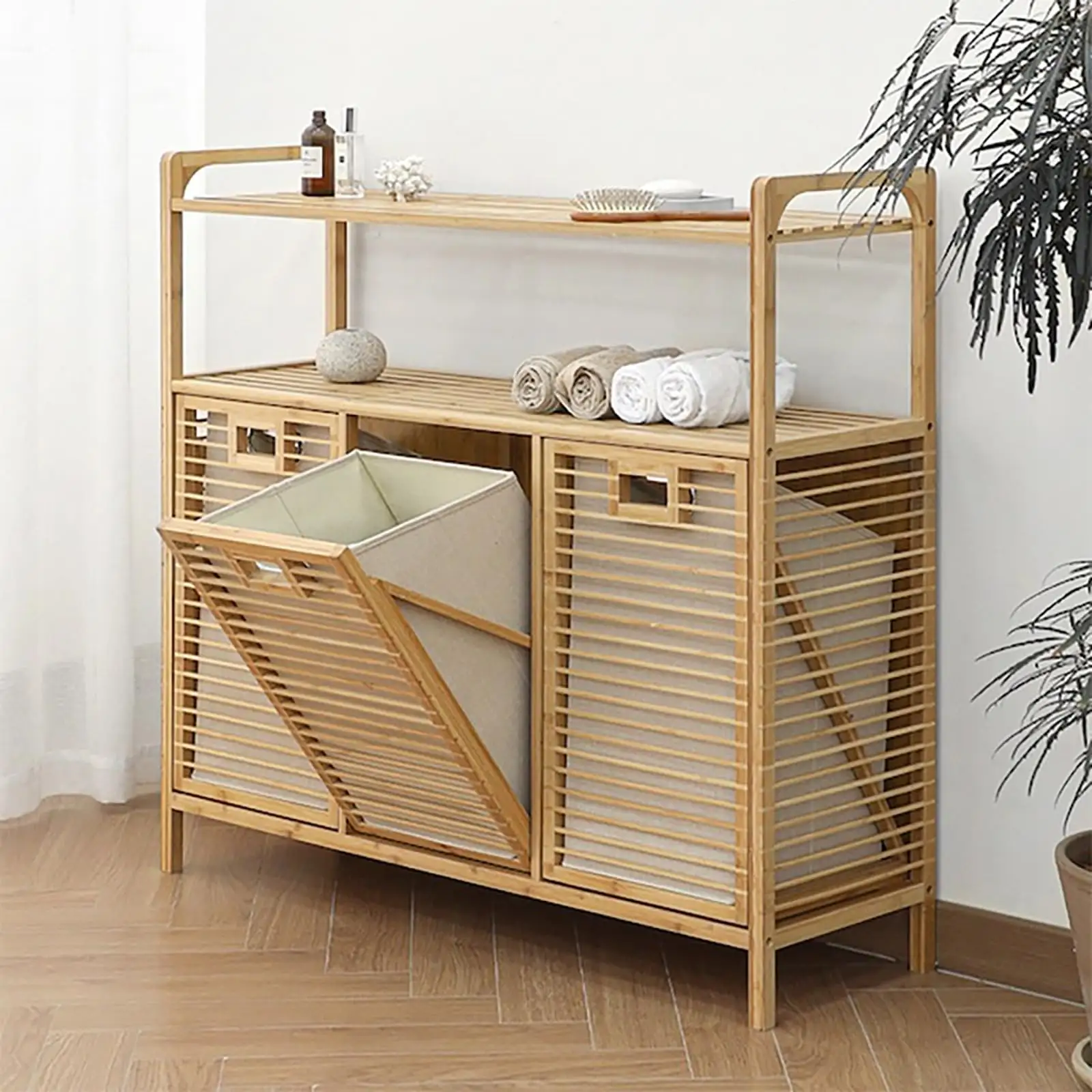 Custom Bamboo Laundry Basket Bamboo Tilt Out Laundry Cabinet Hamper with Shelf and Liner Bags Dirty Clothes Basket for Bathroom