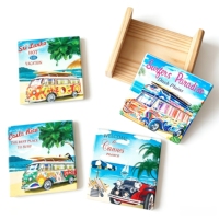Sous-verres en céramique personnalisés avec impression UV, motif bus de plage, surf, paradis, art moderne, imprimé van, absorbants, écologiques, pour la maison et la cuisine