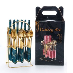 High Quality 24-Piece Stainless Steel Flatware Set <b>Knife</b> <b>Fork</b> Spoon Plastic Handle Eco Friendly Dishwasher Safe Modern Wedding - Product Image 1