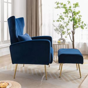 Modern Hotel Leisure Navy Velvet Fabric Accent <strong>Armchair</strong> with Ottoman <strong>Stool</strong> for Living Room <strong>and</strong> Bedroom - Product Image 3