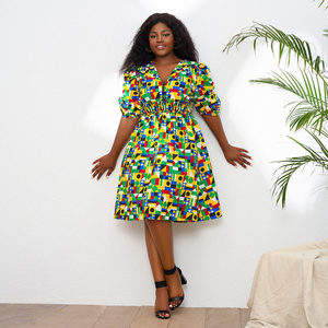 Nouvelle arrivée <span class=keywords><strong>Robe</strong></span> mi-longue en tissu africain Ankara <span class=keywords><strong>Wax</strong></span> en polyester à col en V et manches courtes pour femmes - Product Image 5