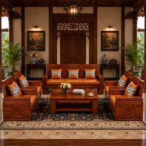 Sofá de Madera de Teca Heritage con Paneles Tallados a Mano Tradicionales, Tres Plazas, Asientos de Lujo para Casa, Villa y Hotel - Product Image 1