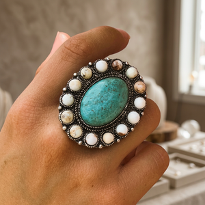 Bague en argent sterling 925 massif, faite à la main, avec pierre précieuse naturelle turquoise d'Arizona et nacre, sertie en forme de fleur, cadeau de mariage pour - Product Image 3