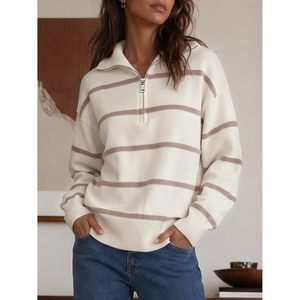 Suéter de punto a rayas con cremallera de un cuarto para mujer, oversize, de manga larga, estilo jersey, con bloques de color, cuello alto y media cremallera, moda de otoño - Product Image 2