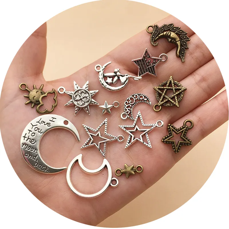 Wholesale price star moon sun cloud charms metal pendant for metal clothing label making findings silver jewelry