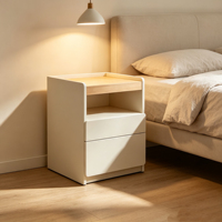 Table de chevet moderne style crème, petite table de chevet écologique pour chambre à coucher avec plateau en bois, 2 tiroirs et étagères