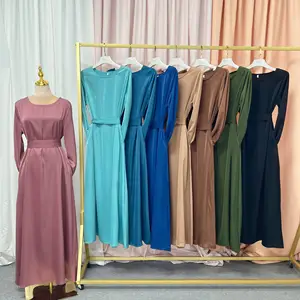 Orta doğu türk düz renk artı boyutu elbise saten kemer Abaya Snap düğmesi ile kol elbise toptan
