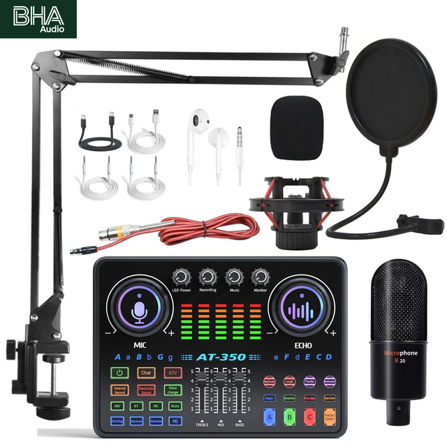 BHA BM800+AT350 Professional 48V Condenser Microphone Audio Mixer Noise Cancelling Phantom Power Wired Dual Streaming Live