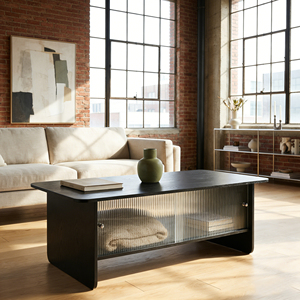 Modern Minimalist Coffee <b>Table</b> 47 Inch Rectangular Glass Sliding Door Storage Living Room Bedroom - Product Image 1
