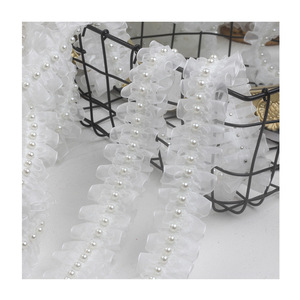 Nastro in <span class=keywords><strong>Tulle</strong></span> Francese con Perline e Pieghe, 4cm, Disponibile in Magazzino, per Abbigliamento, Scarpe e Cappelli - Product Image 5