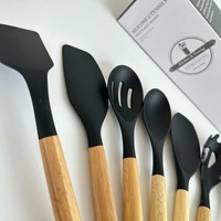 Ensemble de 12 Ustensiles de Cuisine Écologiques avec Manches en Bois et Spatules en Silicone, Sans Danger pour les Aliments, Résistant au Micro-Ondes