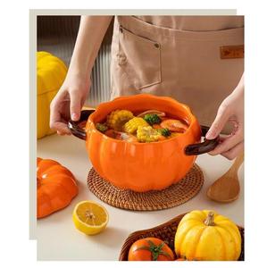 Tazón de cerámica para sopa con forma de calabaza, con tapa y asas, tamaño grande, tazón creativo para el hogar, para sopa, fideos, resistente al calor - Product Image 3