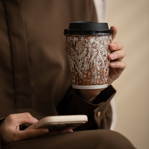 แก้วกาแฟ/น้ำ/โคล่า ยูบิน รุ่นโอลด์ร็อค ลายดอกไม้เคลือบเงิน บนเซรามิก  เป็นมิตรกับสิ่งแวดล้อม พกพาสะดวก ฝาปิดแบบพลิก สไตล์เรโทร สำหรับใช้ในบ้านและออฟฟิศ - Product Image 4