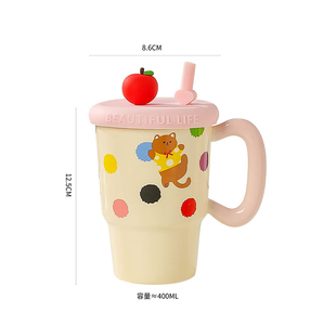 Kawaii Cat Coffee <b>Mug</b> Polka Dot <b>Ceramic</b> <b>Mug</b> with Lid and Straw - Product Image 6
