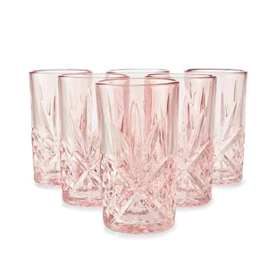 6 แว่นตาสีชมพู Hiball แก้วคริสตัลแก้วเครื่องดื่มแก้วดื่มสูงที่มีลวดลายนูน