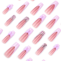 24 pièces 4304 Faux ongles à presser en acrylique PMMA, forme cercueil longue, style français, art romantique, couleur bonbon