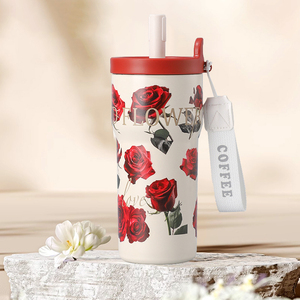 600ml Floral Print Travel Coffee Cup Stainless Steel Vacuum Insulated <b>Tumbler</b> <b>With</b> <b>Straw</b> Lanyard Wide Mouth Portable Water Mug - Product Image 6