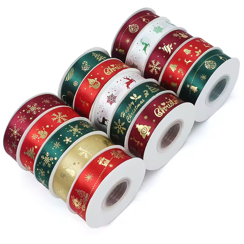 Christmas Decoration Ribbon Flowers Gift Box Packaging Hot Stamping Satin Ribbon Luxurious Wedding Decoration