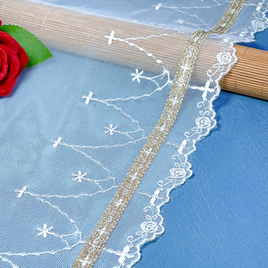Bande de dentelle en tulle de 23 cm avec broderie croisée, dentelle en maille à ligne dorée pour accessoires de robes et jupes pour enfants, vente en gros - Product Image 3