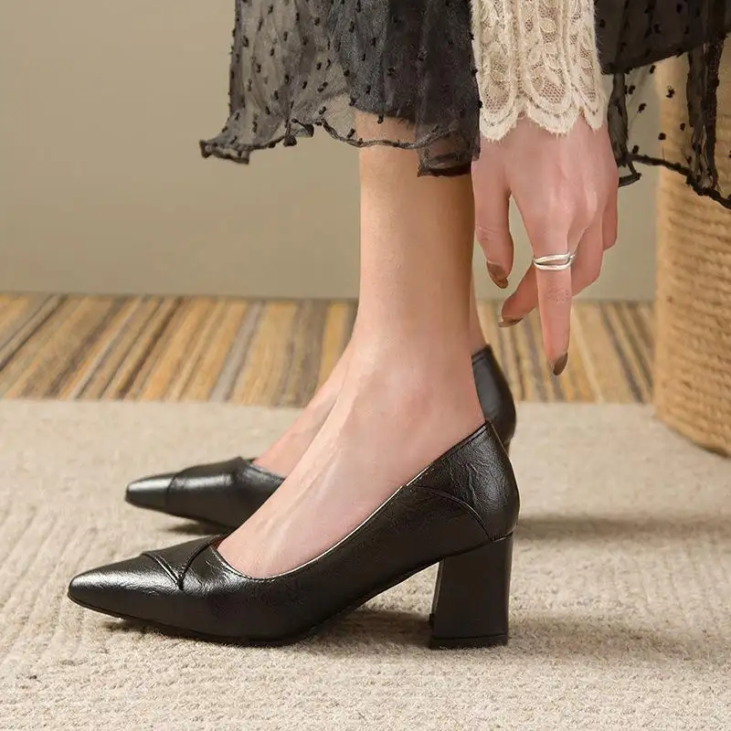 Sexy Women High Heels Pumps Spring Summer Pointed Block Heels Slip-on Woman Office Shoes