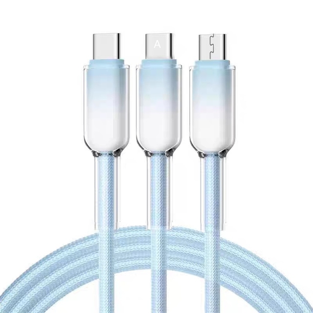 Multi Function PD 100W Nylon Braided 1.2M 3 in 1 Fast Charging Cable Transparent 18W Type C USB Cable for Phones