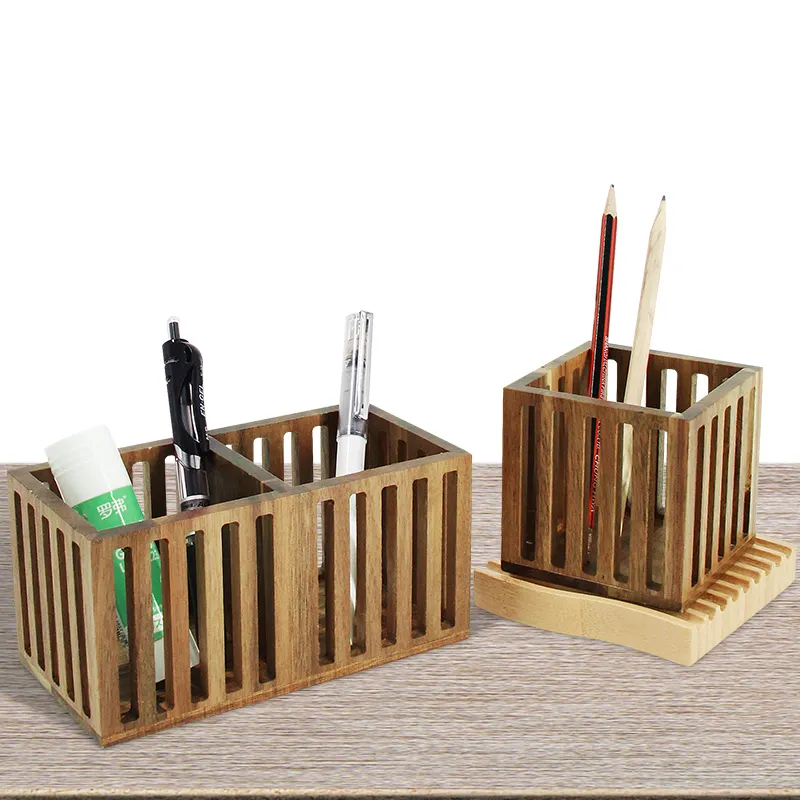 Bamboo Wooden Pen Holder Stand of Desktop Organizer Square Pencil Storage Racks Wood Pen Holders for Home Office Supplies