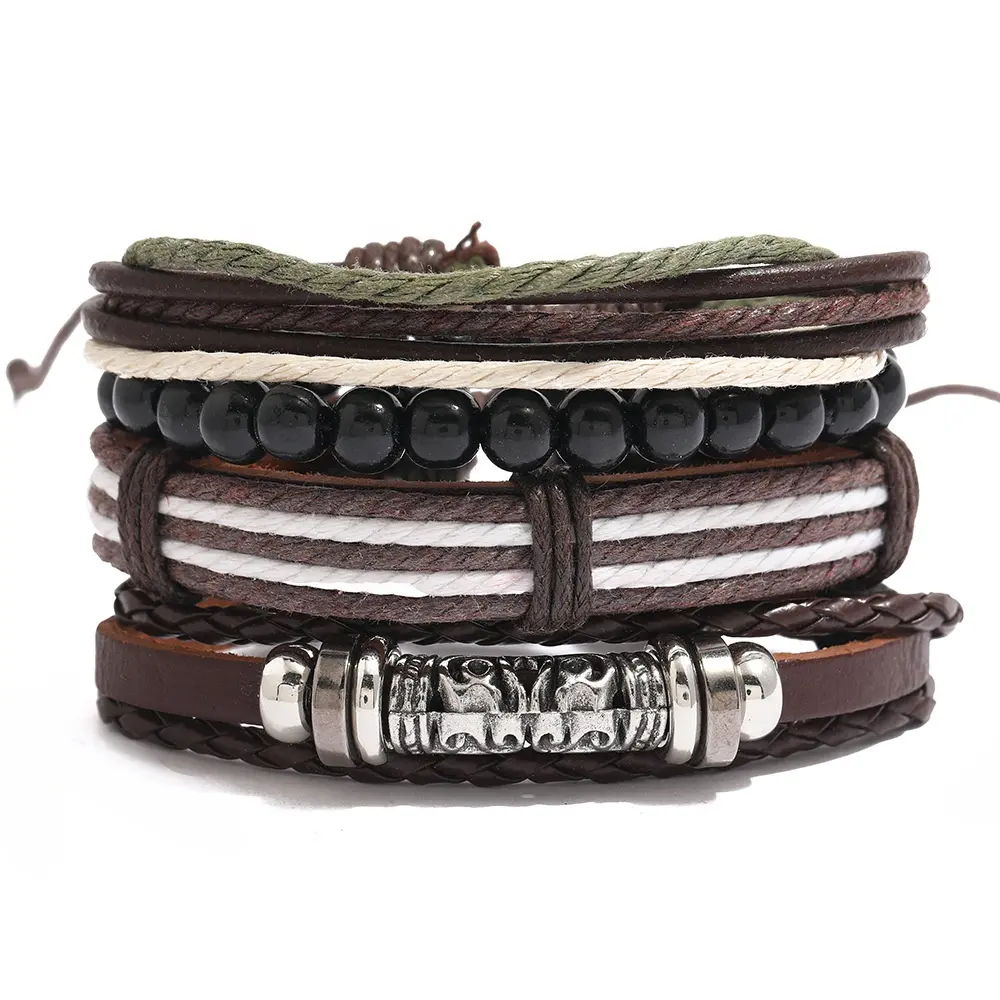 Wickel armbänder Männer Frauen Hanf schnüre Holz perlen Ethnische Stammes armbänder 4-teiliges Set Mode Multilayer Charm Brown Leder armband
