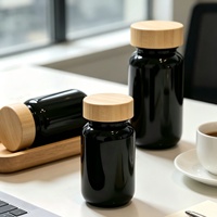 Pot en verre noir de qualité alimentaire avec couvercle en bambou naturel, flacon opaque pour capsules et comprimés, service de personnalisation de marque