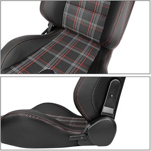 Лидер продаж: Универсальные черно-красные гоночные ковшеобразные сиденья из ткани в клетку с эффектом карбона и искусственной кожи, с двойными регуляторами сдвижения - Product Image 4
