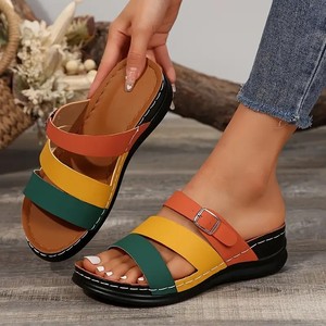 2025 nueva moda de talla grande para mujer, zapatillas de cuña de bloque de Color, sandalias con punta abierta, hebilla de cinturón para zapatos de estilo para caminar de invierno - Product Image 2