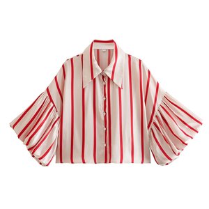 <span class=keywords><strong>Haut</strong></span> court décontracté à rayures et manches lanternes avec col boutonné pour femme – Nouvelle collection printemps - Product Image 3