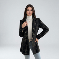 Blazer de travail pour femme, noir, à carreaux dorés, tricoté, 100% polyester, anti-plis, coupe ajustée, longueur standard, col à revers, un seul bouton