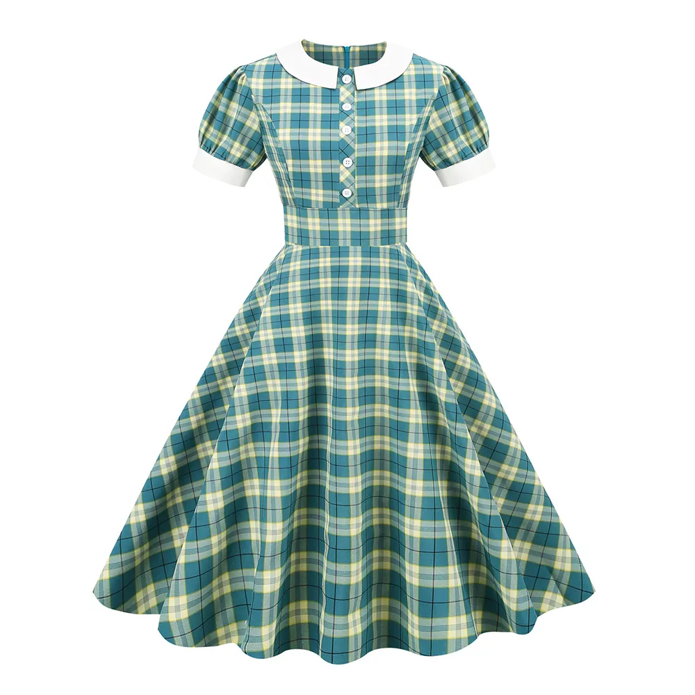 Christmas Hepburn Short Sleeve Vintage Retro Green Plaid Dress VD3310 A Line Swing Women Casual Dresses