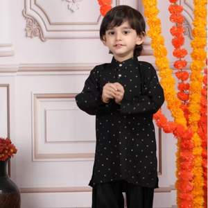 Conjunto de Kurta y Pijama Negro Estampado para Niños, Ropa Étnica Tradicional para Fiestas, Bodas, Atuendo Cómodo y Elegante - Product Image 6