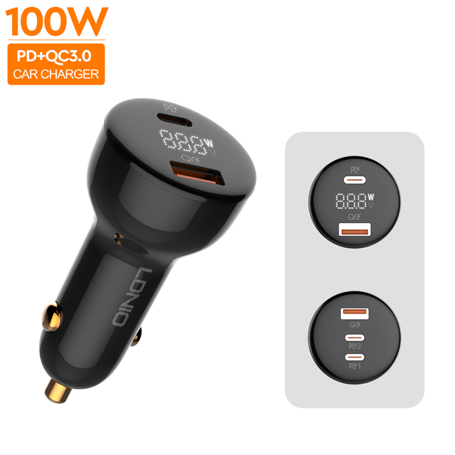 LDNIO 100W Usb c Fast Portable Dual Phones Multifunction Laptop Pd macbook Type c Car Charger Adapters with LDE Display