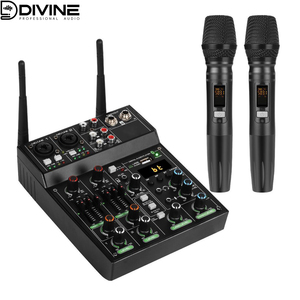 Micrófono mezclador de Audio <span class=keywords><strong>DJ</strong></span> de 4 canales Nuevo diseño Kit inalámbrico 2 en 1 de frecuencia ultra alta Tarjeta de sonido de audio pequeña y mezclador - Product Image 3
