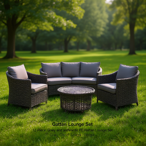 Set da giardino Gatten Lounge a 12 pezzi in rattan PE grigio e antracite, mobili da esterno - Product Image 2