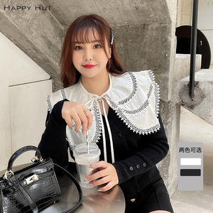 Pull pour femme Happy Hut, couleur unie noire, col décoré de perles, N7152 - Product Image 3