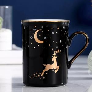 Mug à café en céramique dorée de style nordique avec motif de rennes, de lune et d'étoiles, poignée dorée, 400 ml + couvercle, cuillère, passe au lave-vaisselle, grande capacité - Product Image 2