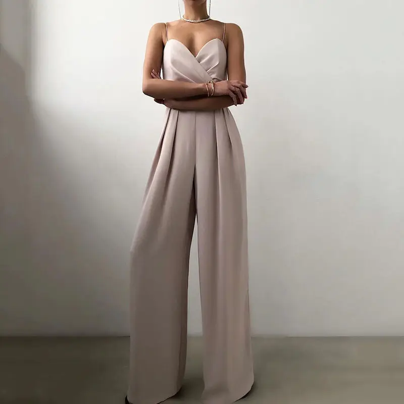 Elegant Formal Style Full Length One Piece Jumpsuits Women Suspender Wide Leg Palazzo Pants Jumpsuit