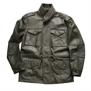 Veste de chasse décontractée d'hiver pour homme en cuir de vache véritable, noire, col montant, fermeture éclair, à capuche, matelassée, grande taille, en cuir véritable, coupe-vent - Product Image 1
