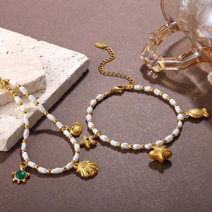 Bracelet en perles d'eau douce sur le thème de l'océan, plaqué or 18 carats, bijoux à breloques animales pour femmes, cadeau - Product Image 2