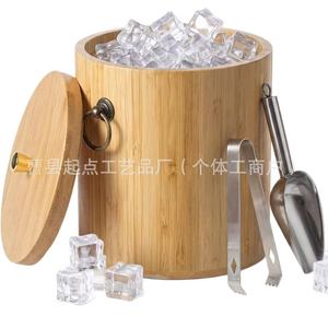 Wooden Ice <b>Bucket</b> Round <b>With</b> <b>Lid</b> And Tongs For Party Beverage Cooling - Product Image 1