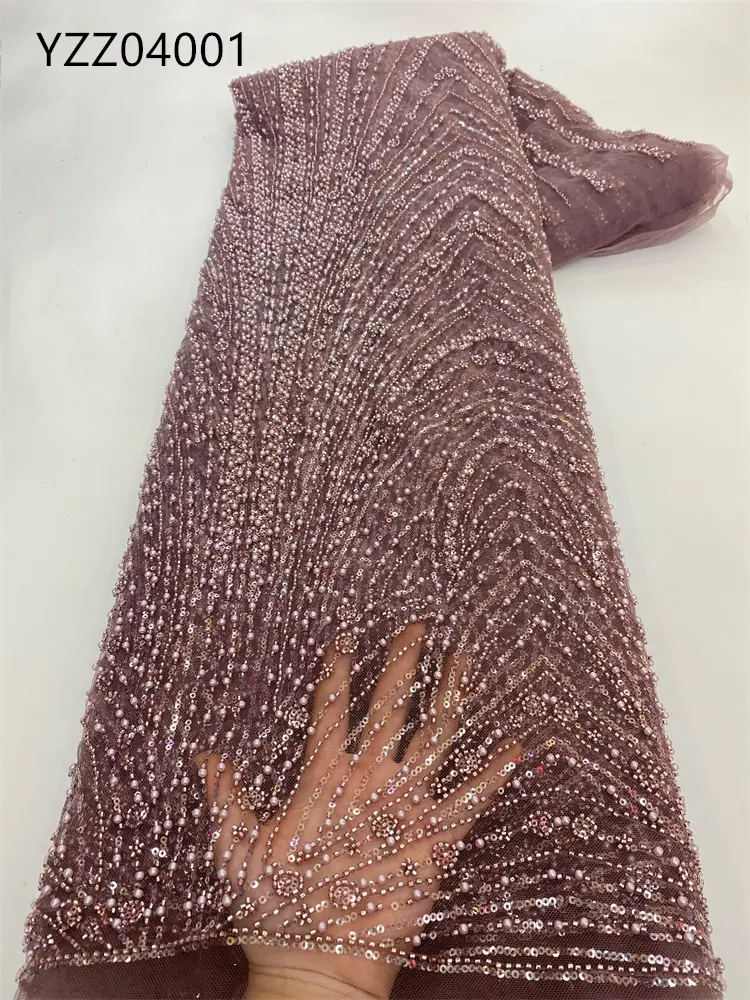 Kain renda manik-manik mutiara elegan, dengan payet bordir berat renda jaring Tulle Prancis untuk gaun pengantin pernikahan
