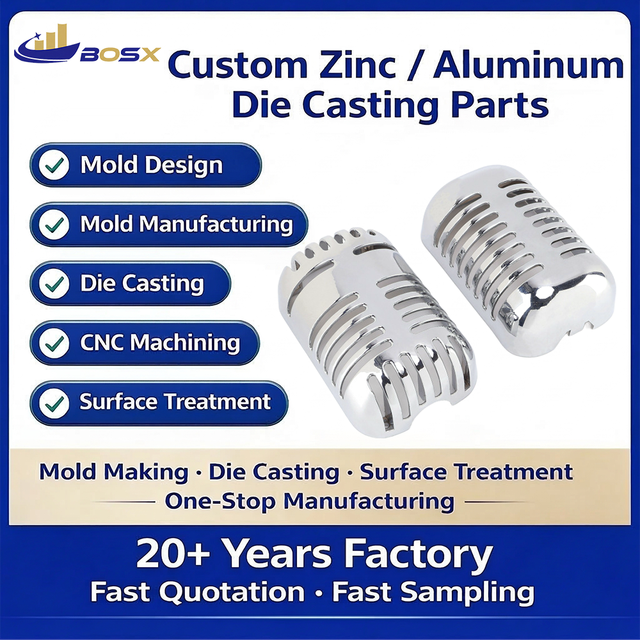 BOSX Custom Zinc Alloy Microphone Housing OEM Precision Die Casting Retro Mic Grille Case Chrome Plated Audio Accessory
