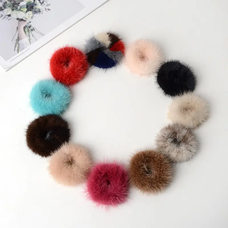 Winter Warm Fashion girl's Candy Colored Mink plush Cute fluffy real Mink natural fur headband rope hair