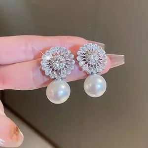 Huitan 2021 New Fashion Korean White Pearl Drop Earrings for Women 3A Zirconia Round Imitate Fresh Water Pearl Earrings