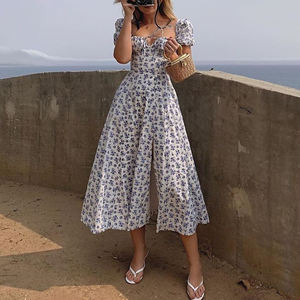 Novedad de 2024, vestido Floral informal para mujer europea americana con cuello cuadrado, Vestido largo de verano de manga corta con flores frescas - Product Image 2