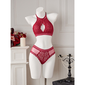 Ensemble de lingerie sexy en dentelle ajourée à col halter en V profond, style européen et américain - Product Image 1